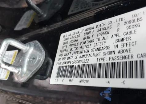 2012 Acura Tsx 2.4 from USA, damaged, VIN JH4CU2F66CC005522